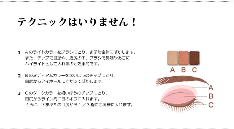 テクニックはいりません! 指定の場所に使うだけで、立体的で印象的な目元を作ります。