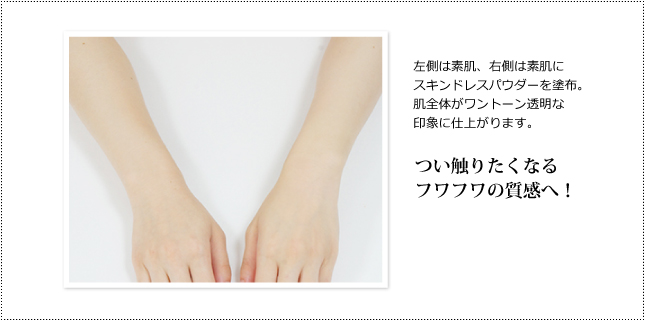 左側は素肌、右側は素肌に
スキンドレスパウダーを塗布。肌全体がワントーン透明な印象に仕上がります。