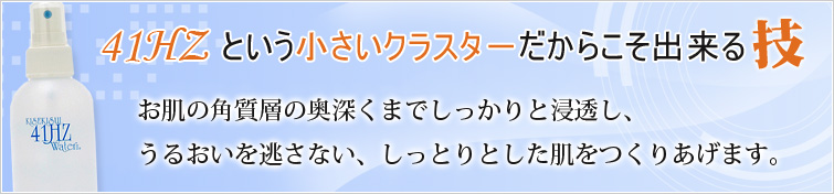 41HZという小さいクラスタ-だからこそ出来る技。お肌の角質層の奥深くまでしっかりと浸透し、うるおいを逃さない、しっとりとした肌をつくりあげます。