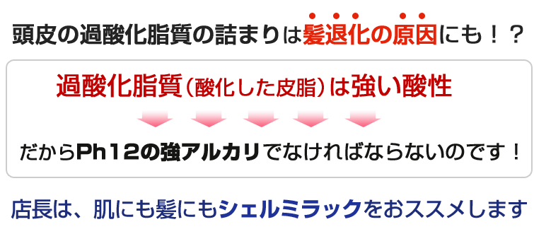 頭皮に詰る悪玉=過酸化脂質(酸化した汚れた皮脂)過酸化脂質が頭皮のべたつき・臭い・カユミ等の原因として考えられます!