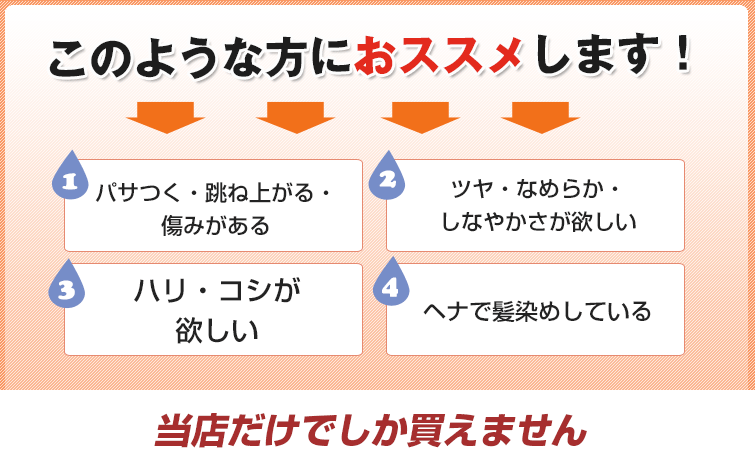 魂のハッピーHBコンディショナーをこのような方におススメします!1.パサつきがある 2.ツヤ・なめらかさが欲しい 3.ハリ・コシが欲しい 4.枝毛・切れ毛が目立つ