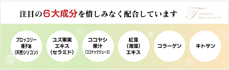 ▼注目の6大成分を惜しみなく配合・ブロッコリー種子オイル(天然シリコン)・ユズ果実エキス(セラミド)
・ココヤシ果汁(ココナッツジュース)・紅藻(海藻)エキス・コラーゲン・キトサン