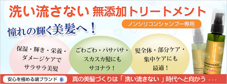 憧れの輝く美髪へ!ノンシリコンシャンプー専用の洗い流さない無添加トリートメント。保湿・輝き・栄養・ダメージケアでサラサラ美髪。ごわごわ・パサパサ・スカスカ髪にもサヨナラ。髪全体・部分ケア・集中ケアにも最適!真の美髪づくりは『洗い流さない』時代へと向かう・・・