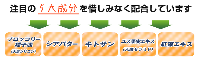ヘアリペアトリートメントの6大成分1.ブロッコリー種子油(天然シリコン)2.シアバター(柔軟性)3.キトサン 4.ユズ果実エキス(天然セラミド)5.紅藻エキス