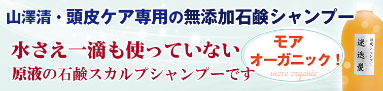 モアオーガニック!山澤清・頭皮ケア専用の完全無添加石鹸シャンプー
水さえ一滴も使っていない原液の石鹸スカルプシャンプー