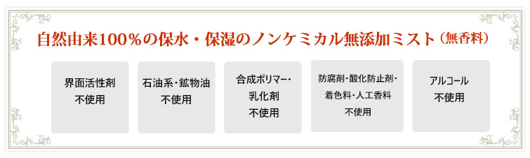 自然由来100%の保水・保湿のノンケミカル無添加ミスト(無香料)・界面活性剤不使用
・石油系・鉱物油不使用
・合成ポリマー・乳化剤不使用
・防腐剤・酸化防止剤・着色料・人工香料不使用
・アルコール不使用