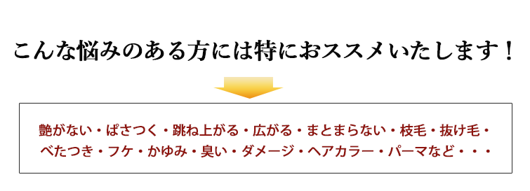 【キャセオンPGシャンプー】こんな悩みのある方には特におススメいたします!艶がない・ぱさつく・跳ね上がる・広がる・まとまらない・枝毛・抜け毛・
べたつき・フケ・かゆみ・臭い・ダメージ・ヘアカラー・パーマなど・・・
