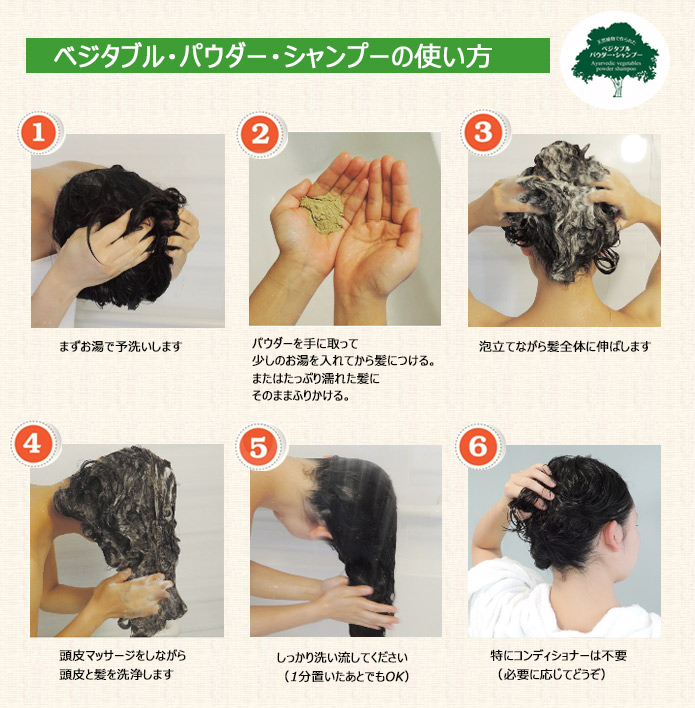 1.まずお湯で予洗いします
2.パウダーを手に取ってつける。または髪にふりかける。
3.泡立てながら髪全体に伸ばします
4.頭皮マッサージをしながら頭皮と髪を洗浄します
5.しっかり洗い流してください(1分置いたあとでもOK) 6.特にコンディショナーは不要(必要に応じてどうぞ)