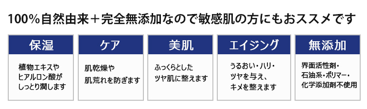 100%自然由来+完全無添加なので敏感肌の方にもおススメです
保湿: 植物エキスやヒアルロン酸がしっとり潤します
ケア: 肌乾燥や肌荒れを防ぎます
美肌: ふっくらとしたツヤ肌に整えます
エイジング: うるおい・ハリ・ツヤを与え、キメを整えます
無添加: 界面活性剤・石油系・ポリマー・化学添加剤不使用