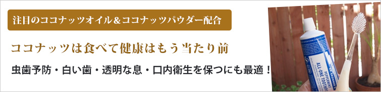 ドクターブロナー オールワン トゥースペースト(練り歯磨き粉)は注目のココナッツオイル&ココナッツパウダー配合。
ココナッツは食べて健康はもう当たり前。虫歯予防・白い歯・透明な息・口内衛生を保つにも最適!