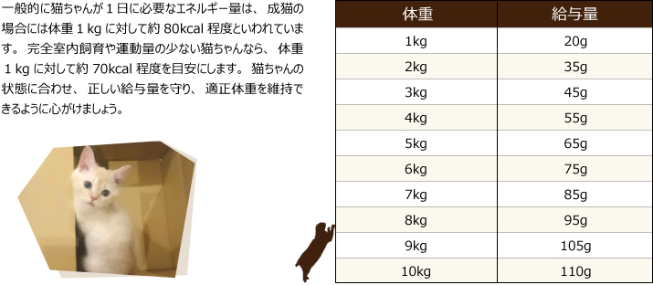 一般的に猫ちゃんが1日に必要なエネルギー量は、成猫の場合には体重1kgに対して約80kcal程度といわれています。完全室内飼育や運動量の少ない猫ちゃんなら、体重1kgに対して約70kcal程度を目安にします。猫ちゃんの状態に合わせ、正しい給与量を守り、適正体重を維持できるように心がけましょう。