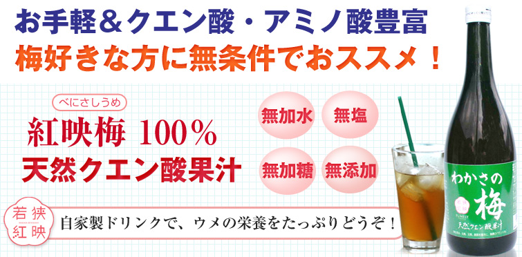 お手軽&クエン酸・アミノ酸豊富。梅好きな方に無条件でおススメ!無加水・無塩・無加糖・無添加 紅映(べにさし)梅100%の天然クエン酸果汁。自家製ドリンクで、ウメの栄養をたっぷりどうぞ!