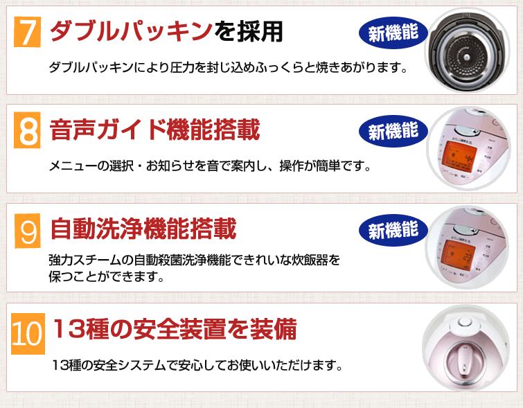 7.ダブルパッキンを採用(ダブルパッキンにより圧力を封じ込めふっくらと焼きあがります。) 8.音声ガイド機能搭載(メニューの選択・お知らせを音で案内し、操作が簡単です。) 9.自動洗浄機能搭載(強力スチームの自動殺菌洗浄機能できれいな炊飯器を保つことができます。) 10.13種の安全装置を装備(13種の安全システムで安心してお使いいただけます。)