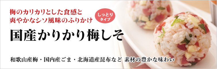 国産かりかり梅しそ; 梅のカリカリとした食感と爽やかなシソ風味のふりかけ(しっとりタイプ)
和歌山産梅・国内産ごま・北海道産昆布など 素材の豊かな味わい