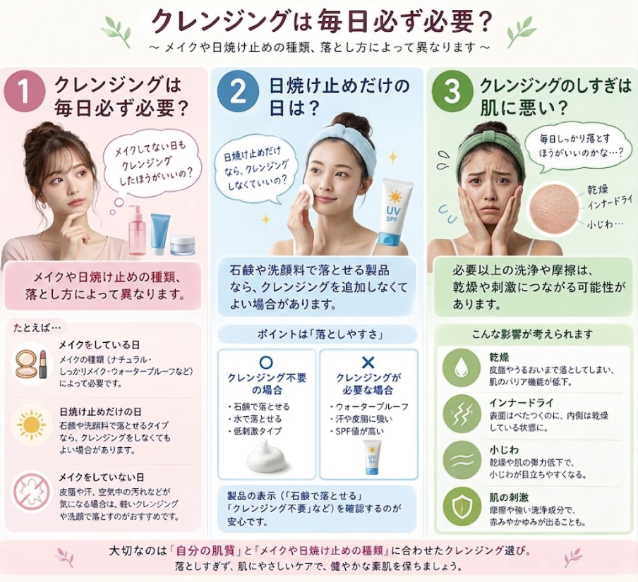 クレンジングは毎日必ずする必要なし!肌を乾燥から守るために、石鹸や洗顔料で落とせるメイクであればクレンジングを使う必要はありません