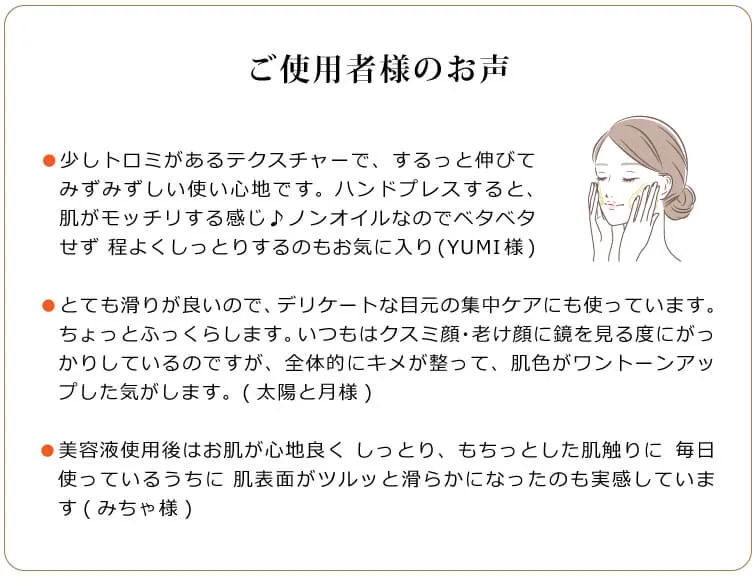 ご利用者様のお声　●少しトロミがあるテクスチャーで、するっと伸びてみずみずしい使い心地です。ハンドプレスすると、肌がモッチリする感じ♪ノンオイルなのでベタベタせず 程よくしっとりするのもお気に入り(YUMI様)　●とても滑りが良いので、デリケートな目元の集中ケアにも使っています。ちょっとふっくらします。いつもはクスミ顔・老け顔に鏡を見る度にがっかりしているのですが、全体的にキメが整って、肌色がワントーンアップした気がします。(太陽と月様)　●美容液使用後はお肌が心地良く しっとり、もちっとした肌触りに✋⁡毎日使っているうちに 肌表面がツルッと滑らかになったのも実感しています(みちゃ様)