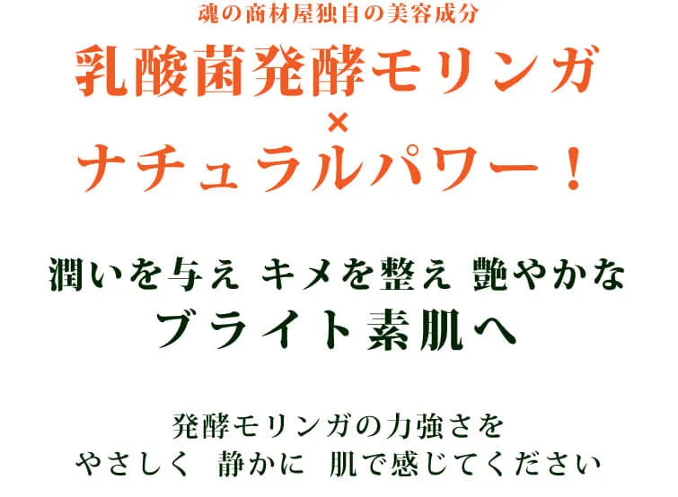 魂の商材屋独自の美容成分 乳酸菌発酵モリンガ ナチュラルパワー！ 潤いを与え キメを整え 艶やかな ブライト素肌へ 発酵モリンガの力強さを やさしく  静かに  肌で感じてください