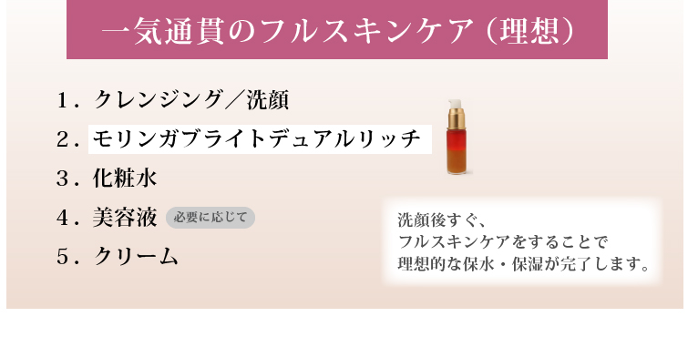 一気通貫のフルスキンケア（理想） 

洗顔後すぐ、フルスキンケアをすることで理想的な保水・保湿が完了します。

１．クレンジング／洗顔
２．モリンガブライトデュアルリッチ
３．（必要に応じて）導入美容水
４．化粧水
５．（必要に応じて）美容液
６．クリーム
