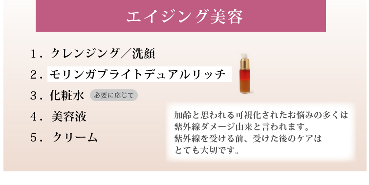 エイジング美容

加齢と思われる可視化されたお悩みの多くは紫外線ダメージ由来と言われます。
紫外線を受ける前、受けた後のケアはとても大切です。

１．クレンジング／洗顔
２．モリンガブライトデュアルリッチ
３．化粧水
４．（必要に応じて）美容液
５．クリーム 

