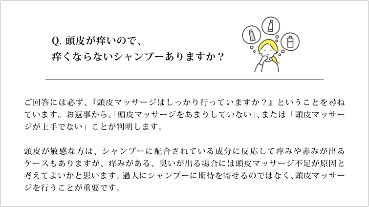 Q. 頭皮が痒いので、痒くならないシャンプーありますか？ご回答には必ず、『頭皮マッサージはしっかり行っていますか？』ということを尋ねています。お返事から、「頭皮マッサージをあまりしていない」、または「頭皮マッサージが上手でない」ことが判明します。頭皮が敏感な方は、シャンプーに配合されている成分に反応して痒みや赤みが出るケースもありますが、痒みがある、臭いが出る場合には頭皮マッサージ不足が原因と考えてよいかと思います。過大にシャンプーに期待を寄せるのではなく、頭皮マッサージを行うことが重要です。