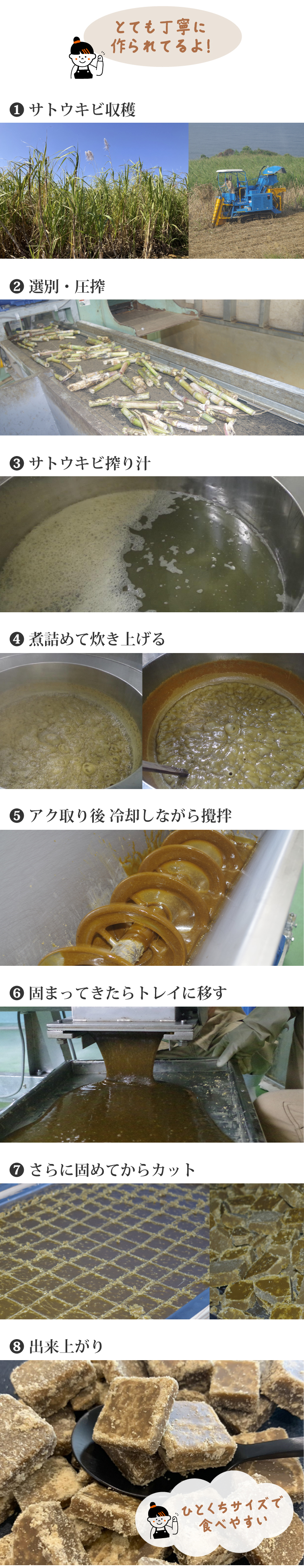 １サトウキビ収穫 ２選別・圧搾 ３サトウキビ搾り汁 ４煮詰めて炊き上げる ５アク取り後 冷却しながら攪拌 ６固まってきたらトレイに移す ７さらに固めてからカット ８出来上がり