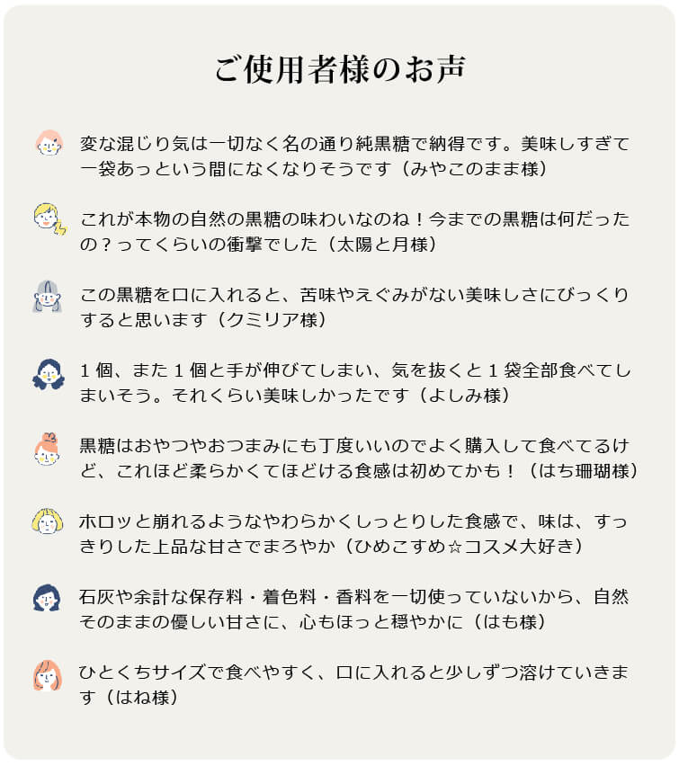 お客様のお声
●変な混じり気は一切なく名の通り純黒糖で納得です。美味しすぎて一袋あっという間になくなりそうです(みやこのまま様)
●これが本物の自然の黒糖の味わいなのね!今までの黒糖は何だったの?ってくらいの衝撃でした(太陽と月様)
●この黒糖を口に入れると、苦味やえぐみがない美味しさにびっくりすると思います(クミリア様)
●1個、また1個と手が伸びてしまい、気を抜くと1袋全部食べてしまいそう。それくらい美味しかったです(よしみ様)
●黒糖はおやつやおつまみにも丁度いいのでよく購入して食べてるけど、これほど柔らかくてほどける食感は初めてかも!(はち珊瑚様)
●ホロッと崩れるようなやわらかくしっとりした食感で、味は、すっきりした上品な甘さでまろやか(ひめこすめ☆コスメ大好き)
●石灰や余計な保存料・着色料・香料を一切使っていないから、自然そのままの優しい甘さに、心もほっと穏やかに(はも様)
●ひとくちサイズで食べやすく、口に入れると少しずつ溶けていきます(はね様)