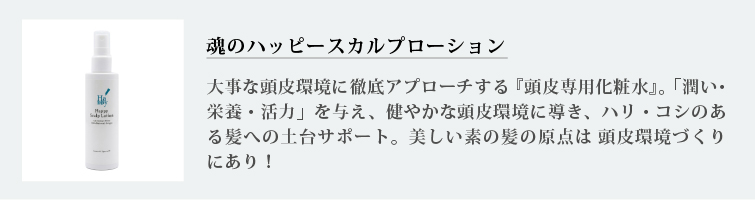 魂のハッピースカルプローション
大事な頭皮環境に徹底アプローチする『頭皮専用化粧水』。「潤い・栄養・活力」を与え、健やかな頭皮環境に導き、ハリ・コシのある髪への土台サポート。美しい素の髪の原点は 頭皮環境づくりにあり！
