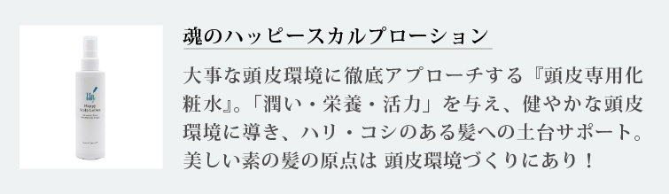 魂のハッピースカルプローション
大事な頭皮環境に徹底アプローチする『頭皮専用化粧水』。「潤い・栄養・活力」を与え、健やかな頭皮環境に導き、ハリ・コシのある髪への土台サポート。美しい素の髪の原点は 頭皮環境づくりにあり！
