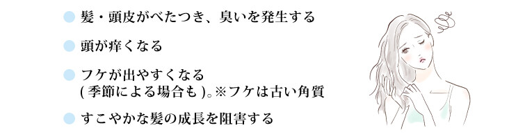 ●髪・頭皮がべたつき、臭いを発生する ●頭がかゆくなる ●フケが出やすくなる(季節による場合も)　※フケは古い角質 ●すこやかな髪の成長を阻害する