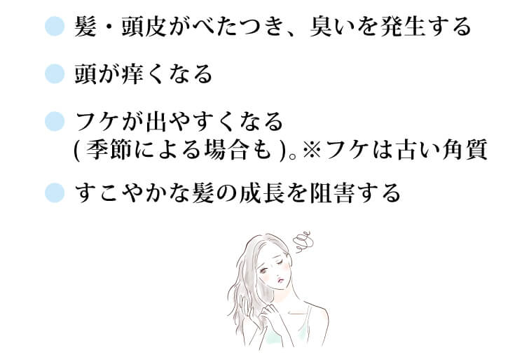 ●髪・頭皮がべたつき、臭いを発生する ●頭がかゆくなる ●フケが出やすくなる(季節による場合も)　※フケは古い角質 ●すこやかな髪の成長を阻害する