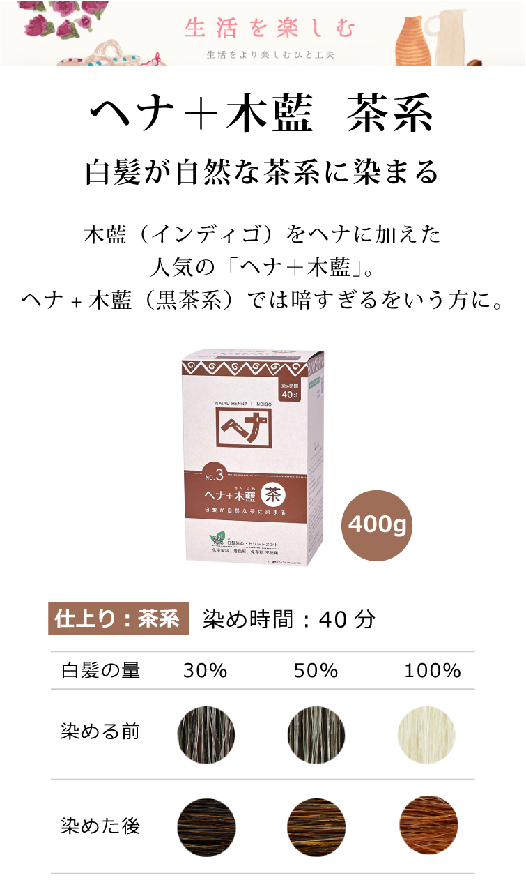 bi3048 ヘナ＋木藍（茶系）400g（100g×4袋）【「ヘナ＋木藍（茶系）」お得用サイズ（100gを4個買うより25％お得）】